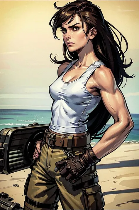 a military woman, well trained body, white sleeveless t-shirt, Exposed collarbone, beige leather shelter, blue pants, two leather belts with gun pockets, dark brown hair, carving, Brown eyes, hazel left eye, left eye with a scar, beach shore, at daytime, f...