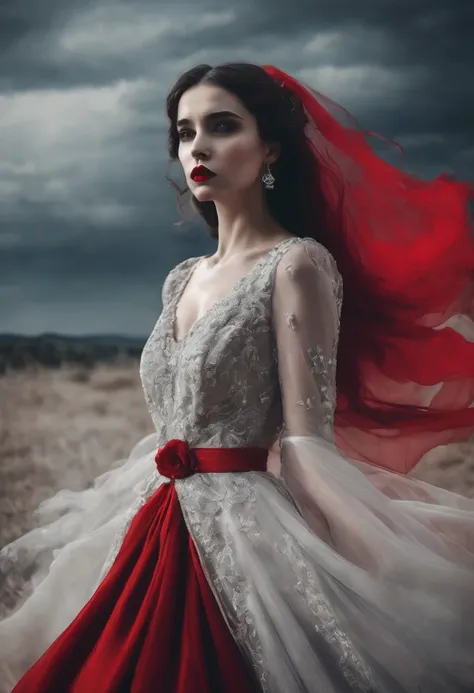 Create an image where a sad girl with red lipstick, long and beautiful dress. He&#39;s chasing an old PLANE in flight.
In an aerial zone 