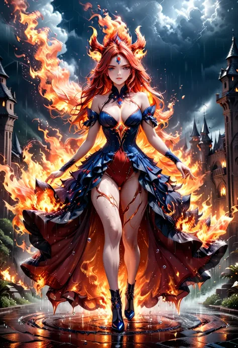 a sorceress of fire making fire dance in a the (storm of rain: 1.3), a most exquisite beautiful sorceress, controlling fire manipulating fire, a woman, dynamic hair color, dynamic hair style, (most beautiful face: 1.3), (ultra detailed face: 1.2), wet hair...