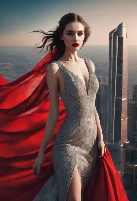 Create an image where a girl with red lipstick, long and beautiful dress. He&#39;s chasing an old PLANE in flight.
In an aerial zone 