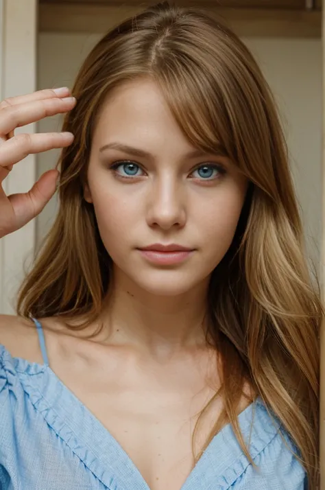 Better image quality, face of a young woman 24 years old long hair blonde blue eyes. 