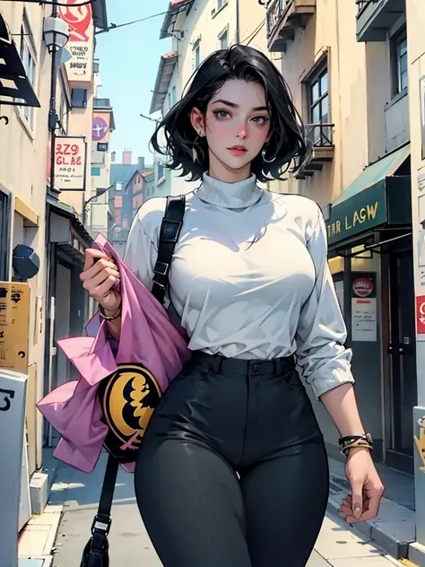 Beautiful man short black hair defined body big breasts, wearing batgirl, walking on the street