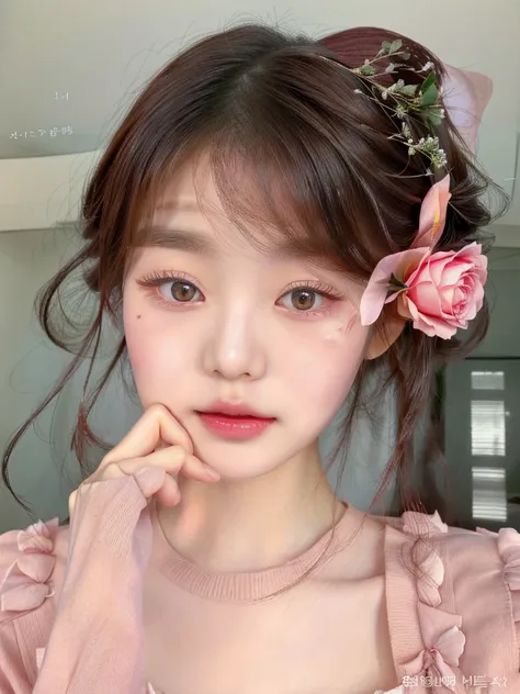 puffy asian woman with a rose flower in her hair, popular south korean makeup, popular korean makeup, ulzzang, cute natural anim...