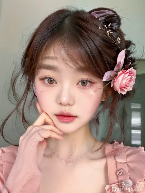 puffy asian woman with a rose flower in her hair, popular south korean makeup, popular korean makeup, ulzzang, cute natural anim...