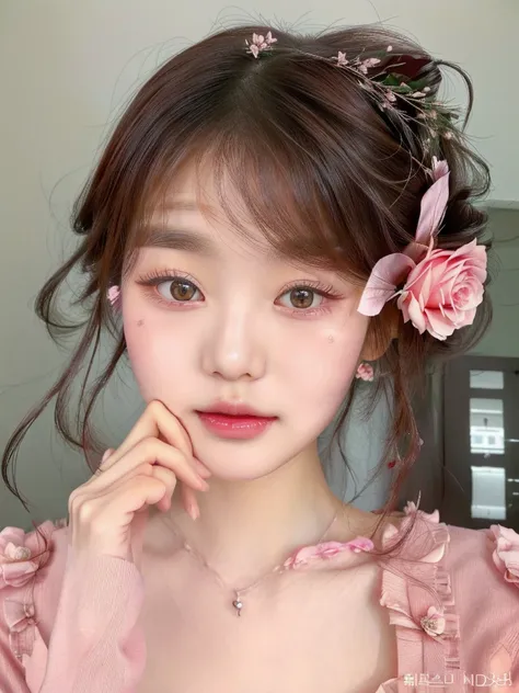 puffy asian woman with a rose flower in her hair, popular south korean makeup, popular korean makeup, ulzzang, cute natural anim...