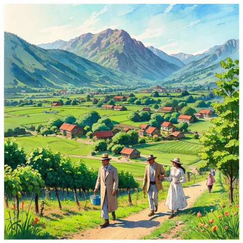 watercolor drawing in Retro-Look, a transilvanian village in the valley, full body view, rural saxones man and woman work in Vineyard on hill, Andrew Loomis style, Masterpiece work of art,  highly detailed linework reminiscent of Carne Griffiths, imbued wi...