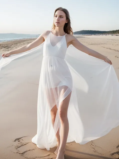 (masterpiece, best quality:1.2), 1girl, solo, standing, arm up, stretching, delicate face, white-skinned female, see-through silhouette, white dress, full body, outdoor, on the beach