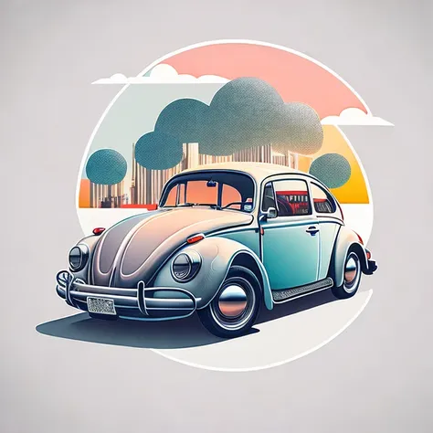 T-shirt graphic design art, a modern graphic design, VW Beetle, two miami, soft four-color color, vintage gray tone, highly detailed cleanliness, vector image, masterpiece realistic, professional photograpy, realistic car, simple car sunrise background, fl...