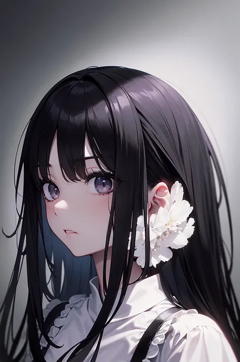 (masterpiece、top quality)、cold lighting、 blurred background black background、late at night、high contrast,curse,Black Night, face of a girl with long black hair, grey eyes, menacing look