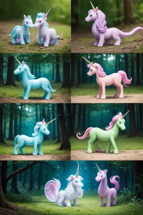 Create a small 3D Disney-style dragon for children in an enchanted forest together with a unicorn in the same style. Create 4 images with the little dragon in different positions