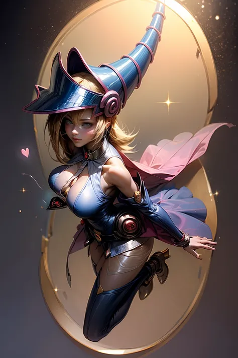 (Masterpiece:1.2), (The best quality:1.2), perfect lighting, Dark Magician Girl casting a spell, in battle. floating in the air, visible medium tits, transparent neckline, blue robe, big hat, From above, sparkles, Yugioh game, The magic of the heart. LIGHT...