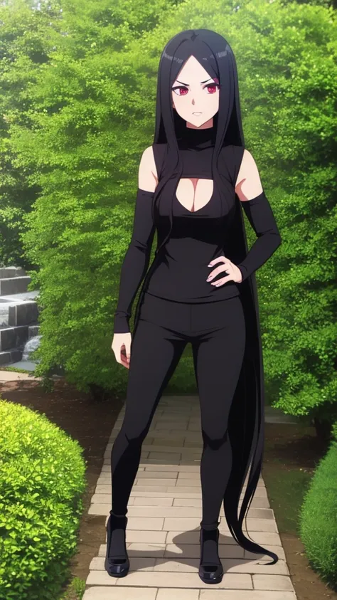 Girl, Long black hair, Sharingan eyes, black turtleneck outfit 