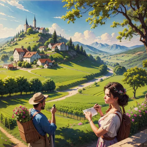 watercolor drawing in Retro-Look, a transilvanian village in the valley, full body view, rural saxones man and woman work in Vineyard on hill, Andrew Loomis style, Masterpiece work of art,  highly detailed linework reminiscent of Carne Griffiths, imbued wi...