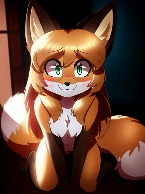 solo woman, kitsune woman, beautiful and cute eyes, (green eyes), fox ears (red fox ears), long hair, fox tails, (red fox tails), fluffy tails, shy face, light smile, on knees, absurdres, extreme detail, blushing, (shaded), (detailed lighting), (cinematic ...