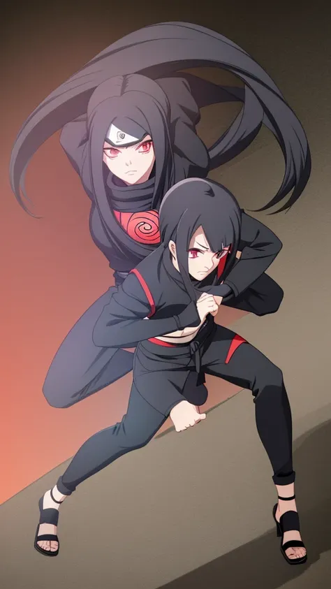 Girl, Long black hair, Sharingan eyes, black turtleneck, Black pants, Naruto-style ninja outfit, jutsu fighting pose 