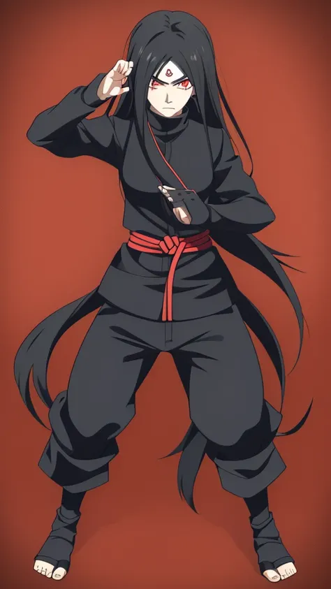 Girl, Long black hair, Sharingan eyes, black turtleneck, Black pants, Naruto-style ninja outfit, jutsu fighting pose 