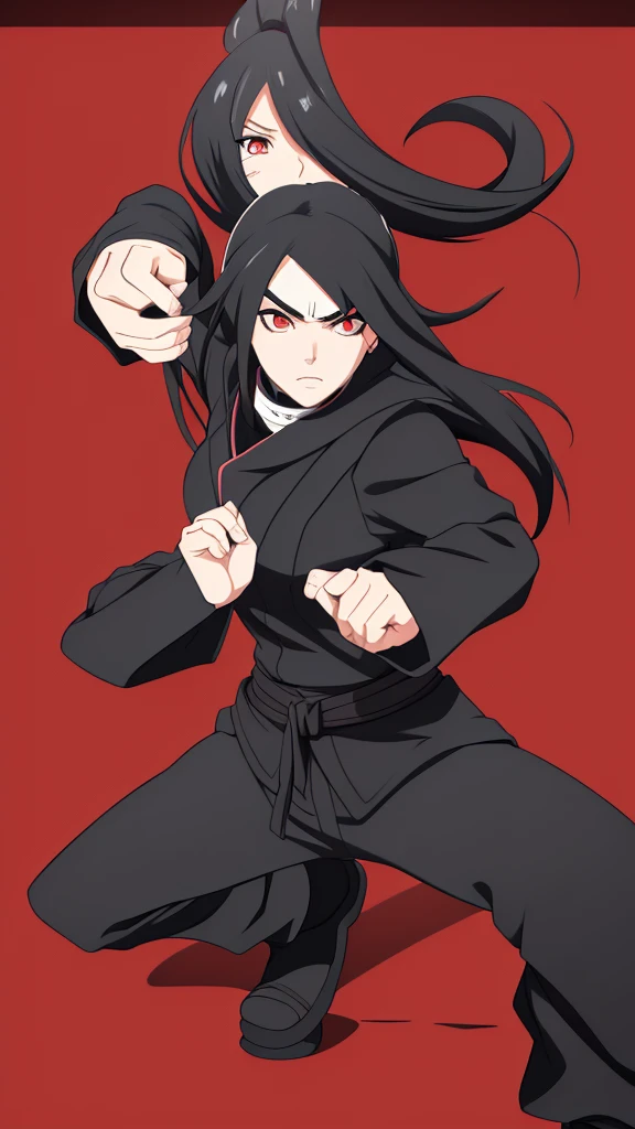 Girl, Long black hair, Sharingan eyes, black turtleneck, Black pants, Naruto-style ninja outfit, jutsu fighting pose 