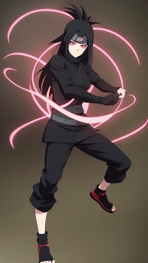 Girl, Long black hair, Sharingan eyes, black turtleneck, Black pants, Naruto-style ninja outfit, jutsu fighting pose 