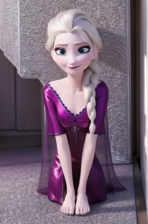 elsa \(frozen\) in the corridor of the library, looking at viewer,smirking,elsa's purple nightgown,upper body,single braid, worm...