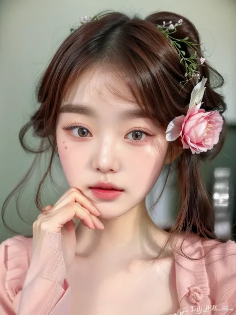 a close-up of a young woman with a flower in her hair, young lovely korean face, popular south korean makeup, ulzzang, adorable ...