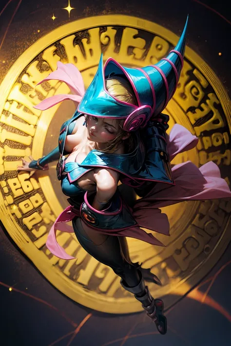 (Masterpiece:1.2), (The best quality:1.2), perfect lighting, Dark Magician Girl casting a spell, in battle. floating in the air, visible medium tits, transparent neckline, blue robe, big hat, From above, sparkles, Yugioh game, The magic of the heart. LIGHT...