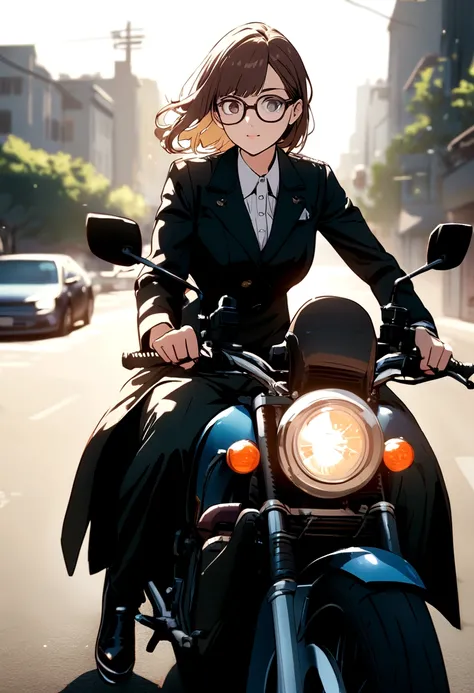 Brunette girl , on a motorcycle with glasses 