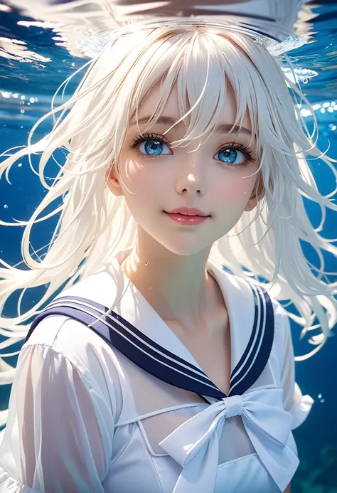 (transparentes:1.3),White Seraphim,sailor dress, white theme,schoolar uniform, sailorsuit, gazing at viewer,  insanitya, long messy hair, beautiful detailed eyes,Hair shines,dramatic angle,blue sailor collar, perky breasts,drlight smile,partially underwate...