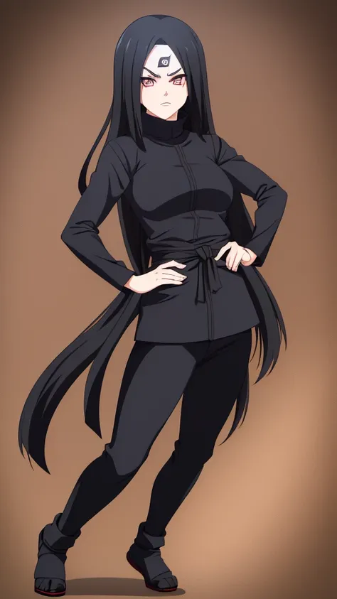 Girl, Long black hair, Sharingan eyes, black turtleneck, Black pants, Naruto-style ninja outfit, jutsu  pose 