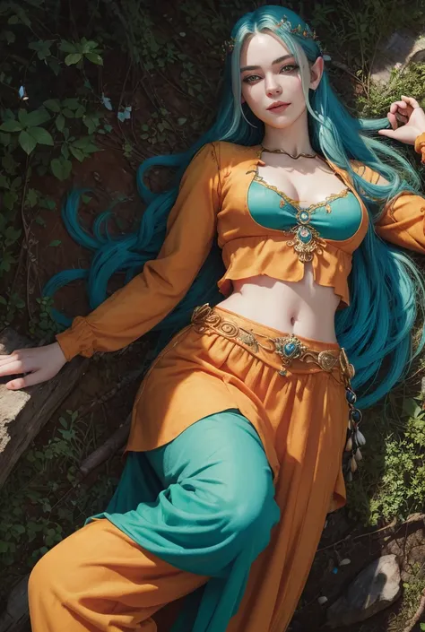 masterpiece, fulllength, perfect body, perfect face, blue hair, orange clothing, long braided hair, fantasy character, druid, wood elf, perfect breasts, slim, thighs, midriff, green eyes, magical, smiling, magical,