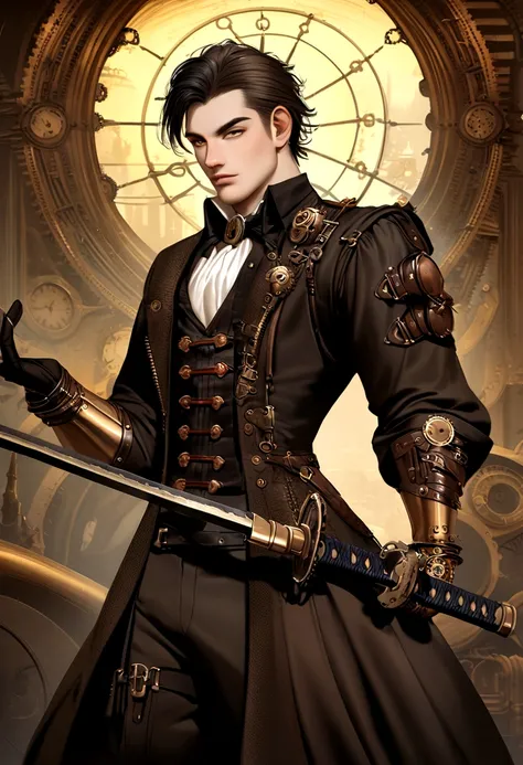 steampunk fantasy style, steampunk art, steampunk digital art, handsome young chinese man, modern warrior, gothic clothes, holding katana