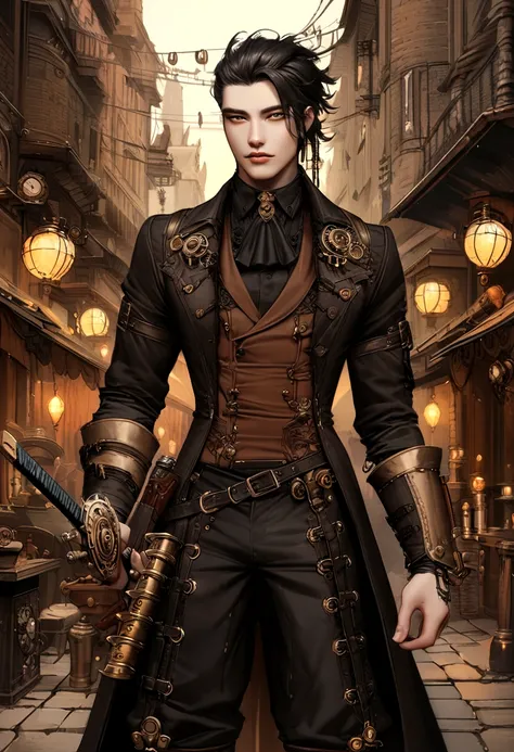 steampunk fantasy style, steampunk art, steampunk digital art, handsome young chinese man, modern warrior, gothic clothes, holding katana