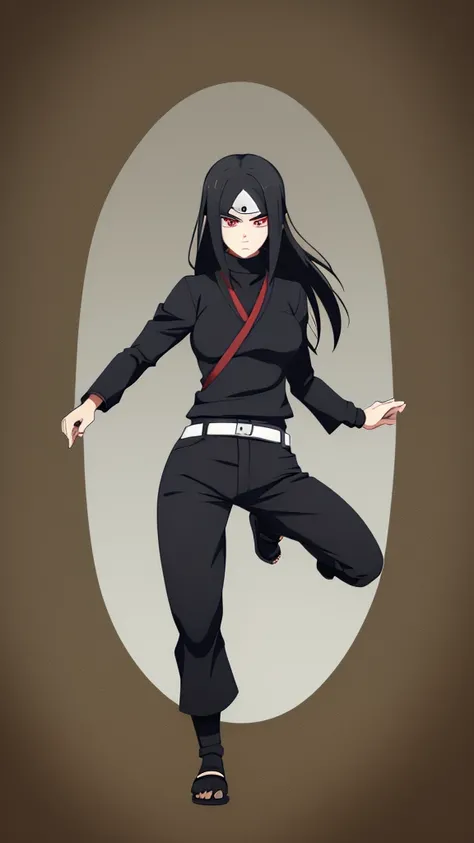 Girl, Long black hair, Sharingan eyes, black turtleneck, Black pants, Naruto-style ninja outfit.