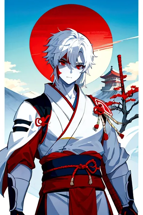 male character,White skin,((red front)),ninja clothes,detailed shadows on the body,hefty body,background of a relief of a Japanese mountain,blue sky,yellow sun,ground full of vegetation