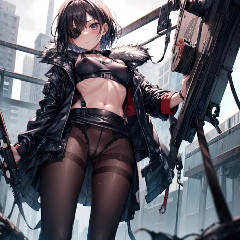 ((Highest quality)), ((masterpiece)), ((detailed)), (4K), (nsfw), 1girl, 独奏, (eyepatch), crop top, leather jacket, Torn miniskirt, suspender skirt, torn pantyhose, panties, panties under pantyhose, choker, bracelet, small breasts, erect nipples, (rain), ((...