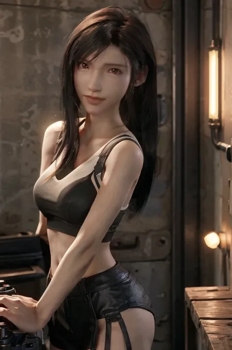 (​masterpiece), (top-quality), 8K resolution, Ultra-detail, Ultra-detail, realisitic, a picture, photorealisim, (1girl), Tifa, Final Fantasy, tifa lockhart, rays of sunshine, cinematic, Cool Pose, concrete wall,metal pipes,Details red eyes,Detailed double ...