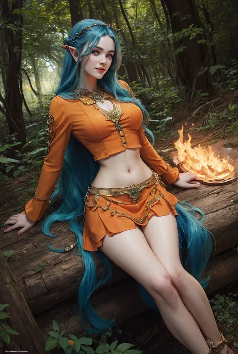 masterpiece, fulllength, perfect body, perfect face, blue hair, sexy orange clothing, long braided hair, fantasy character, druid, wood elf, perfect breasts, slim, thighs, midriff, green eyes, magical, smiling, magical,