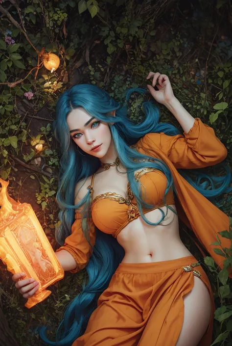 masterpiece, fulllength, perfect body, perfect face, blue hair, sexy orange clothing, long braided hair, fantasy character, druid, wood elf, perfect breasts, slim, thighs, midriff, green eyes, magical, smiling, magical,