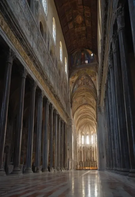 arafed view of a large cathedral with a large ceiling, interior of the old cathedral, inside view, with great domes and arches, by Cimabue, by Taddeo Gaddi, the narthex, in a monestry natural lighting, romanesque style, interior view, in this church interi...