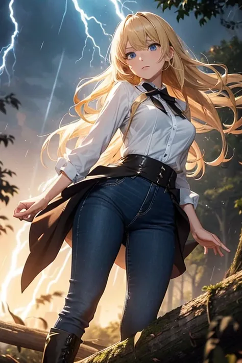 Modern anime-style digital painting of a 25-year-old female teacher in a frontal view and action pose during an autumn day, soaked by rain with dramatic lightning in the background. She is 165 cm tall, with measurements of 91-61-81 cm, and has waist-length...