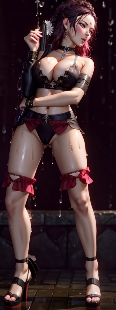 Kate Denson from Dead by Daylight, 1 Girl, Full body, standing, cowboy shot, Best quality, Ultra Detail, 8K, Ultra high realistic, Detailed face, Masterpiece, (Blushing:1.3), Milf, , Wet skin, Wet in miss V, Oil skin, Ahegao face, climax horny girl, Big th...