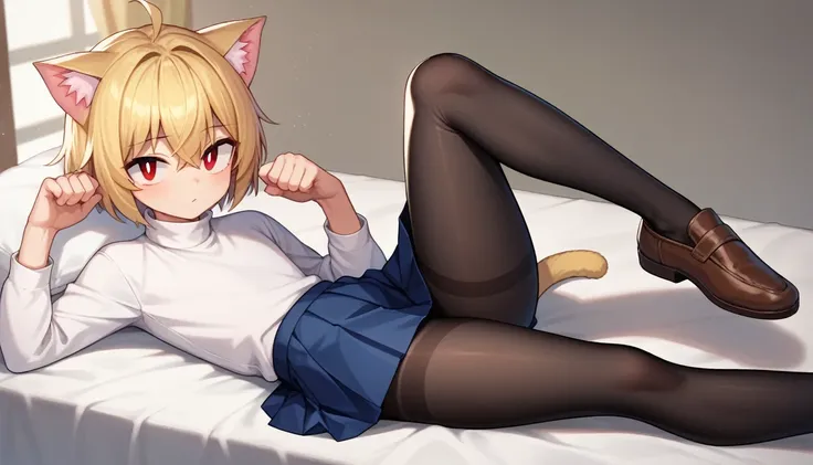 score_9, score_8_up, score_7_up, score_6_up, score_5_up, score_4_up, BREAK, 1boy, solo, necoarc, lit pupils, cat ears, blonde hair, red eyes, :3, turtleneck, blue skirt, pleated skirt, pantyhose, brown footwear, highlight thighs, (dynamic poses), in a bedr...