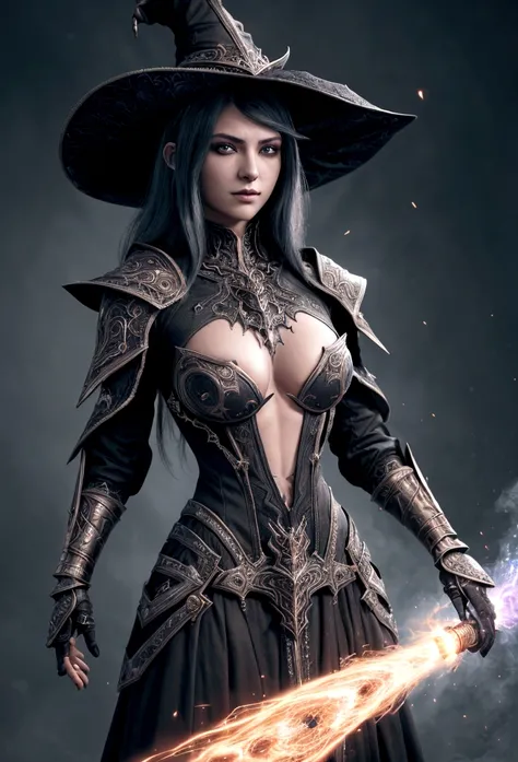 (Highly detailed 8K wallpapers), Medium shot of Loline Necromancer, particle lighting, High detail, dramatic, Gatling gun in hand, Clean background, Wearing a wizards hat, Removed weapons from the top of the background