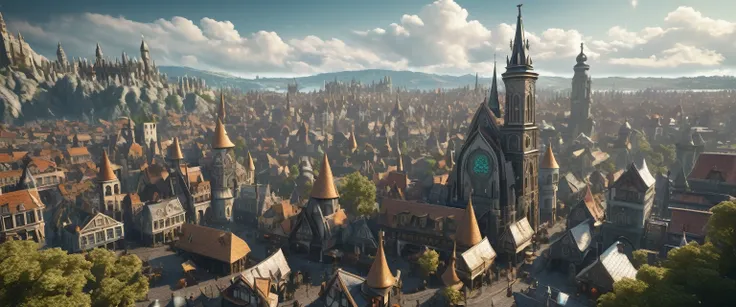 an extremely detailed 4k image of city that is a perfect mixture of a medieval fantasy town & a futuristic cyperpunk city