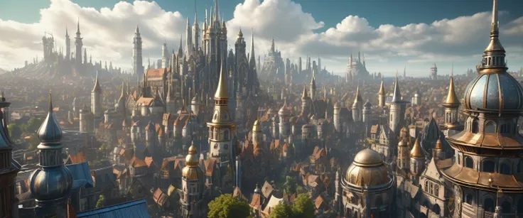 an extremely detailed 4k image of city that is a mixture of a medieval fantasy town with a futuristic cyberpunk city