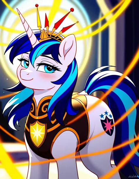 (((my little pony))), solo, ((woman costume)), beautiful pony body, ((seductive perky big butt)), behind view, (((shining armor))), ((4 legs)), radiant lighting, vibrant colors, whimsical atmosphere, 8K, high resolution, highly detailed, masterpiece, vibra...