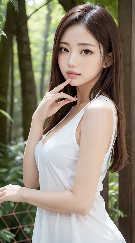 1womanl, up of face, mideum breasts, light brown hair, Blunt bangs, hair behind ear, hair over shoulder, Long hair, slender body shape, Ultra Fine Face, Thin face, Delicate lips, Beautiful eyes, thin blush, eyes are light brown, perfect glossy skin, flawle...