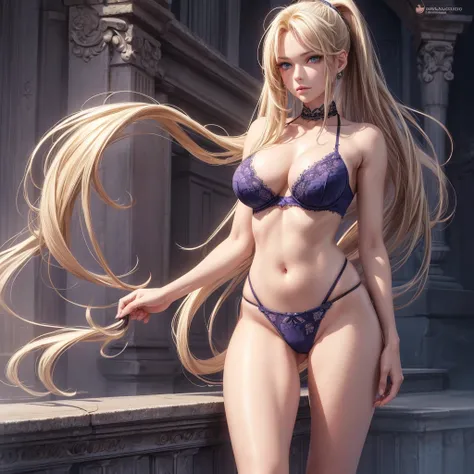 ((Solo)),(best quality: 1.4),Full body , high resolution, masterpiece, 4k, ultra detailed, very beautiful girl masterpiece, sexy blonde, long hair, ponytail, blue eyes, expressive eyes, detailed skin, realistic skin texture, texture, detailed eyes, beautif...