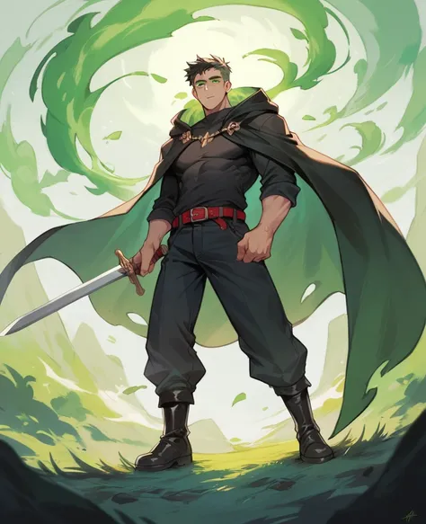 Mysterious man in a cloak That arrive to his ankles. Is a bright green and Black sword which is steaming with Green smoke. Black boots with Green eyes wearing a red belt with a black shirt High resolution 4k With full realism