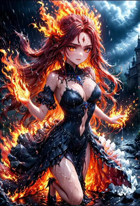 a sorceress of fire making fire dance in a the (storm of rain: 1.3), a most exquisite beautiful sorceress, controlling fire manipulating fire, a woman, dynamic hair color, dynamic hair style, (most beautiful face: 1.3), (ultra detailed face: 1.2), wet hair...