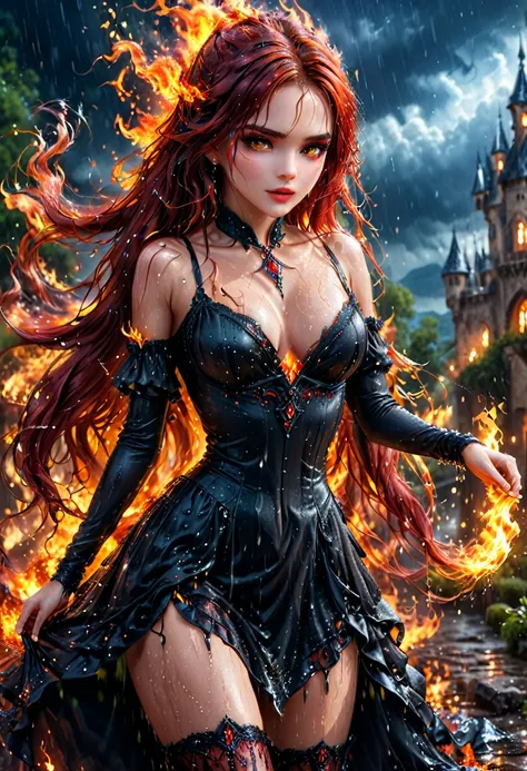 a sorceress of fire making fire dance in a the (storm of rain: 1.3), a most exquisite beautiful sorceress, controlling fire manipulating fire, a woman, dynamic hair color, dynamic hair style, (most beautiful face: 1.3), (ultra detailed face: 1.2), wet hair...